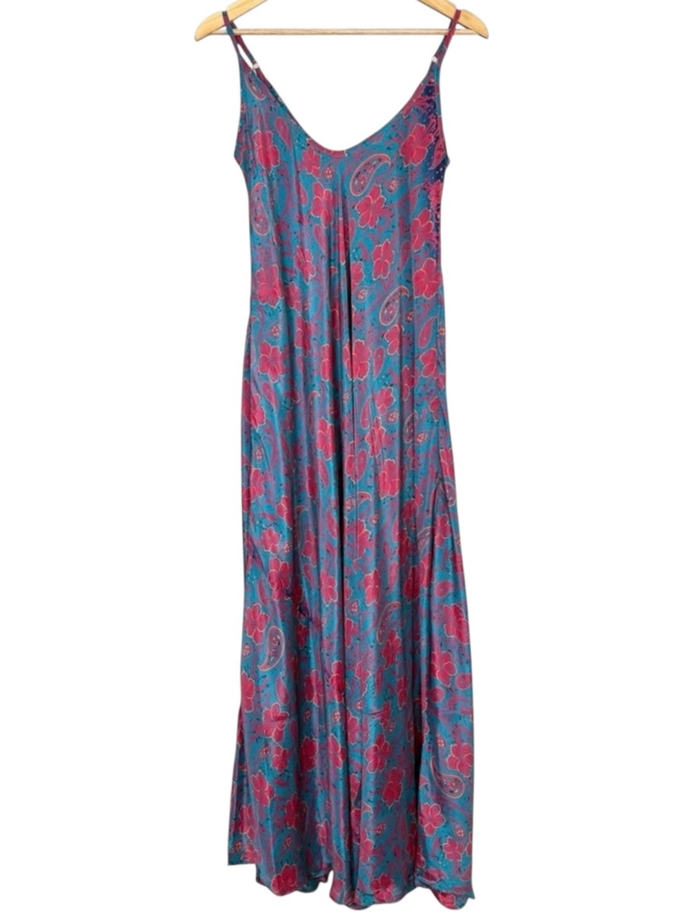 La Fiorentina Teal Pink Paisley Floral Maxi Dress Boho Resort Slip NWT Large - Picture 3 of 11